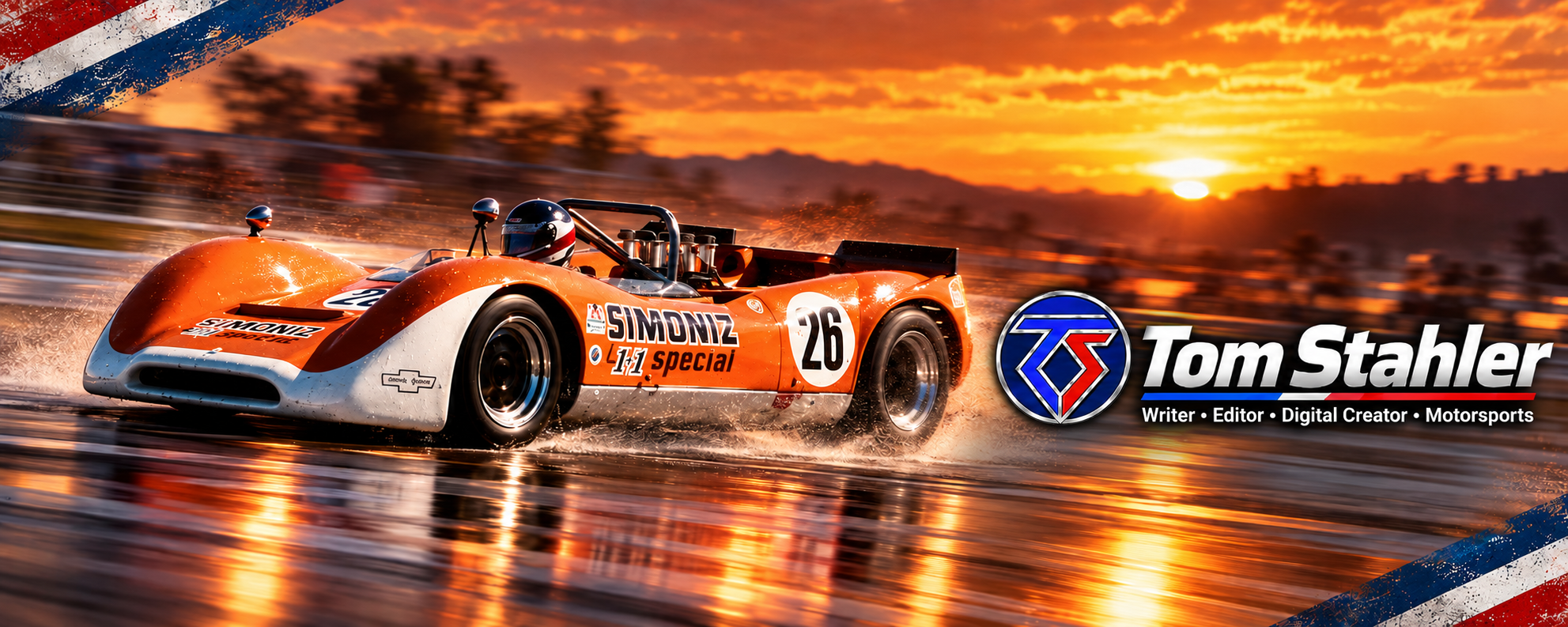Vintage number 26 Can-Am race car at sunset, Tom Stahler motorsports masthead